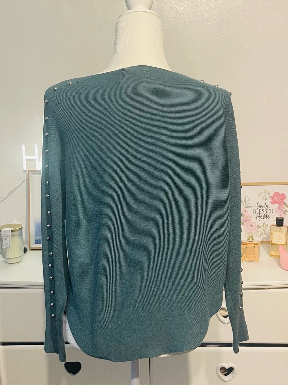 Milano women’s casual Teal Pearl-Trim Long Sleeve Top size S - Picture 7 of 13